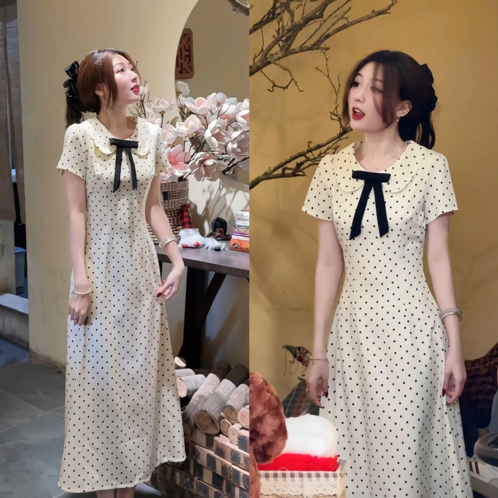 Váy ngắn tay cổ sen đính nơ chấm bi – dáng xòe tiểu thư siêu xinh - Ảnh 5