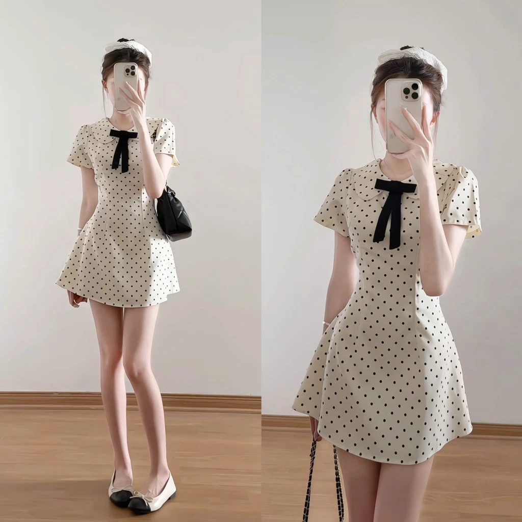 Váy ngắn tay cổ sen đính nơ chấm bi – dáng xòe tiểu thư siêu xinh - Ảnh 6
