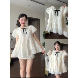 Áo babydoll tay bồng dáng xoè 2 lớp – kèm nơ tiểu thư siêu xinh