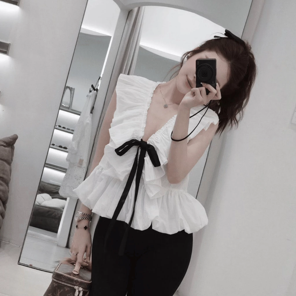 Áo babydoll cổ V bèo nhún thắt nơ – dáng xoè tiểu thư Hàn Quốc siêu xinh - Ảnh 2