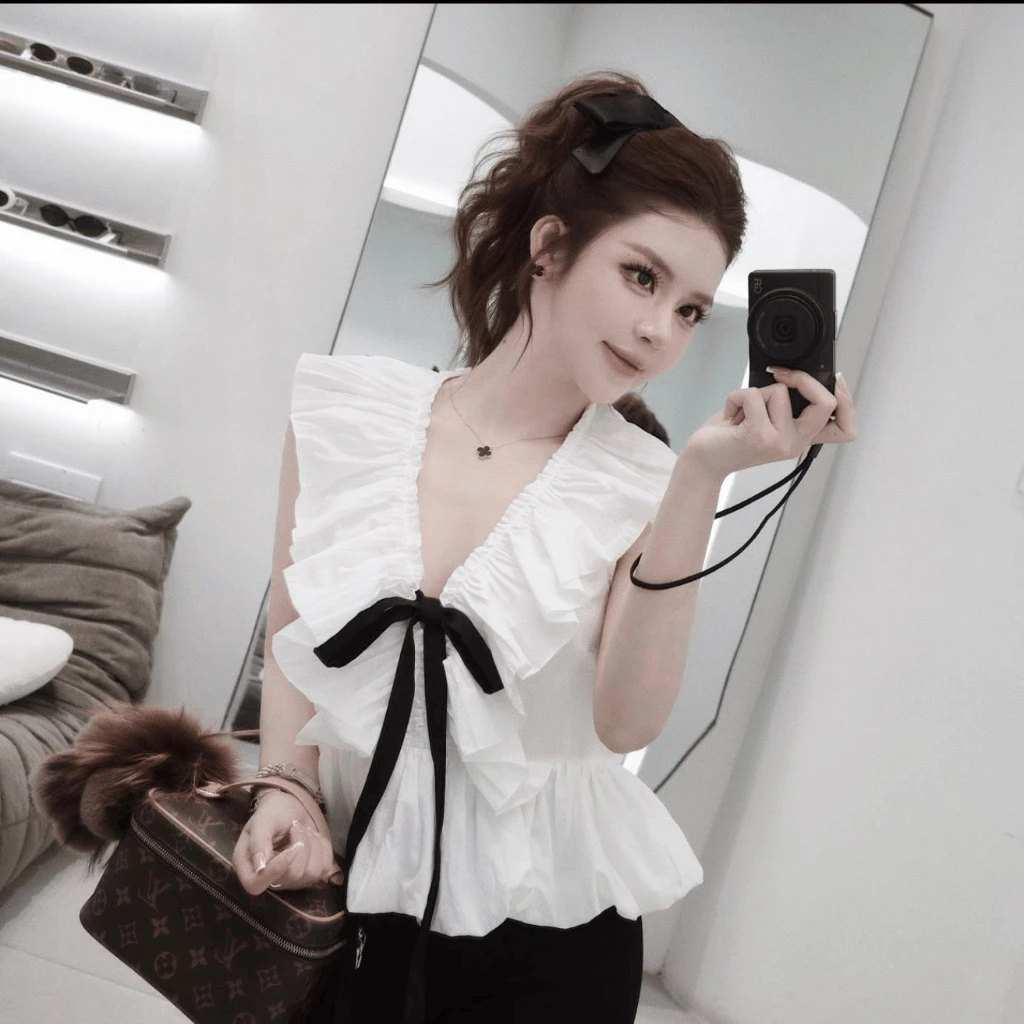 Áo babydoll cổ V bèo nhún thắt nơ – dáng xoè tiểu thư Hàn Quốc siêu xinh - Ảnh 5
