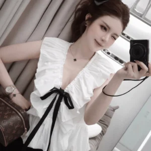 Áo babydoll cổ V bèo nhún thắt nơ – dáng xoè tiểu thư Hàn Quốc siêu xinh