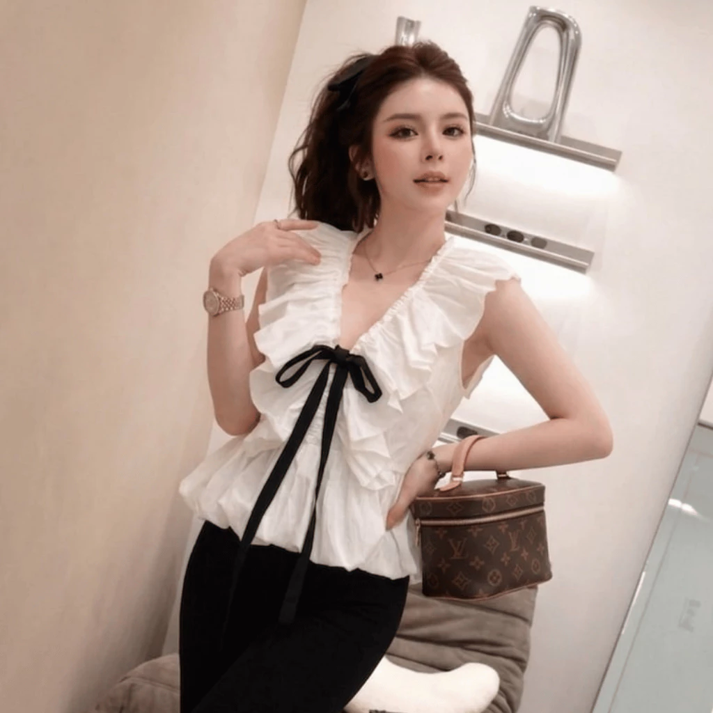 Áo babydoll cổ V bèo nhún thắt nơ – dáng xoè tiểu thư Hàn Quốc siêu xinh - Ảnh 4