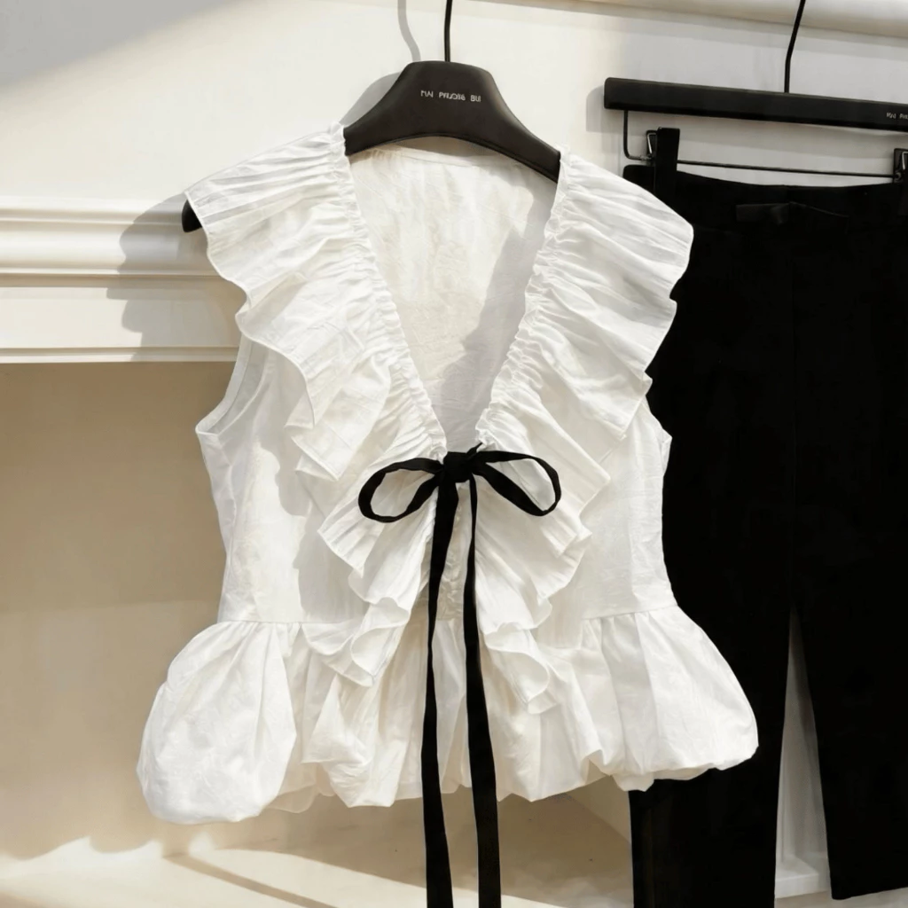 Áo babydoll cổ V bèo nhún thắt nơ – dáng xoè tiểu thư Hàn Quốc siêu xinh - Ảnh 3
