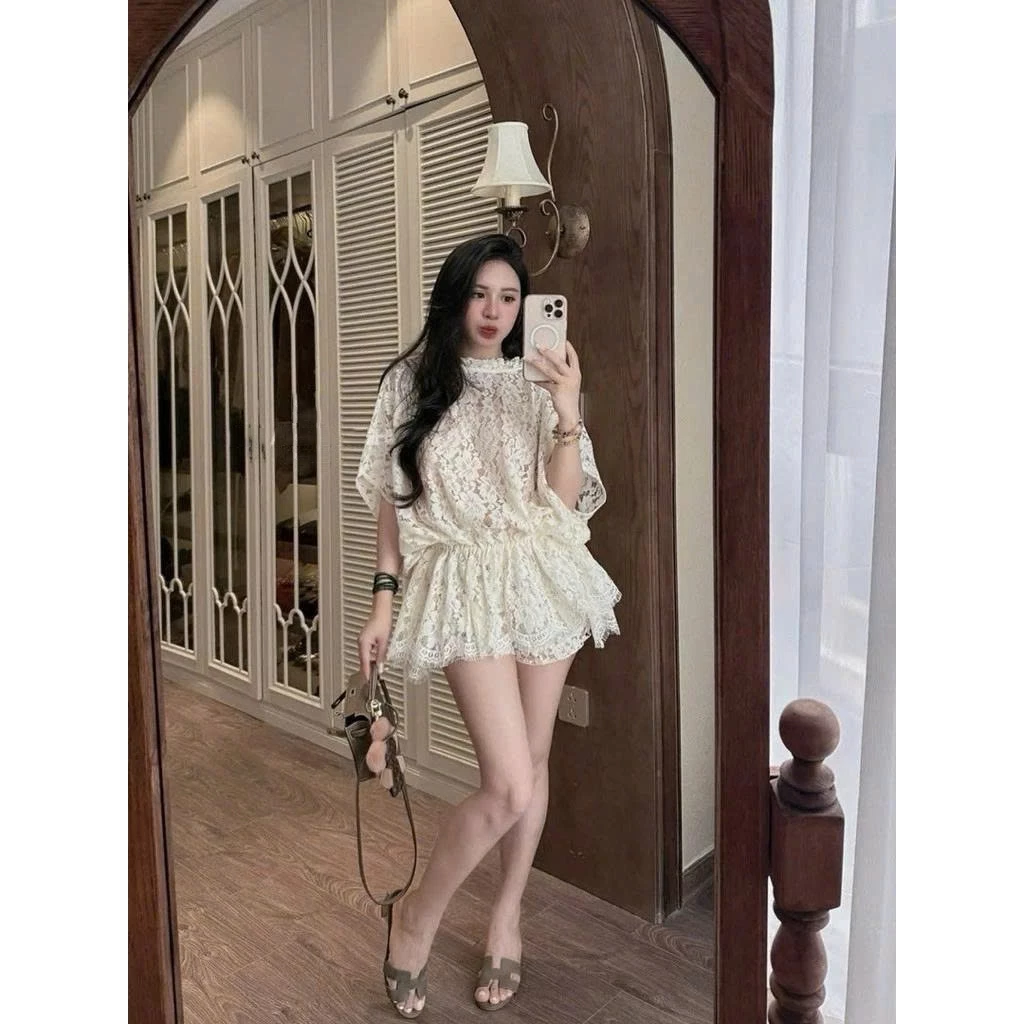 Set áo ren tay dơi phối quần đùi – dáng xòe sang chảnh tặng áo dây - Ảnh 4