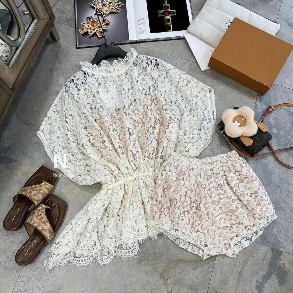 Set áo ren tay dơi phối quần đùi – dáng xòe sang chảnh tặng áo dây - Ảnh 6