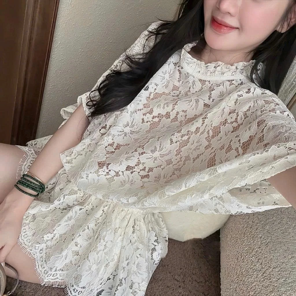 Set áo ren tay dơi phối quần đùi – dáng xòe sang chảnh tặng áo dây - Ảnh 5