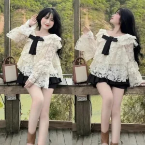 Set áo trễ vai phối ren nơ ngực kèm chân váy tầng – tiểu thư siêu xinh