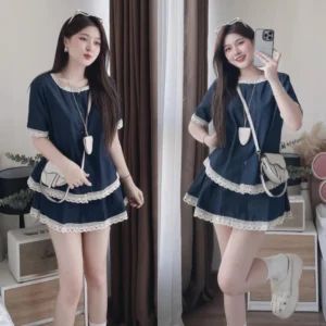 Set váy nữ áo denim viền ren – phối chân váy xòe tiểu thư siêu xinh