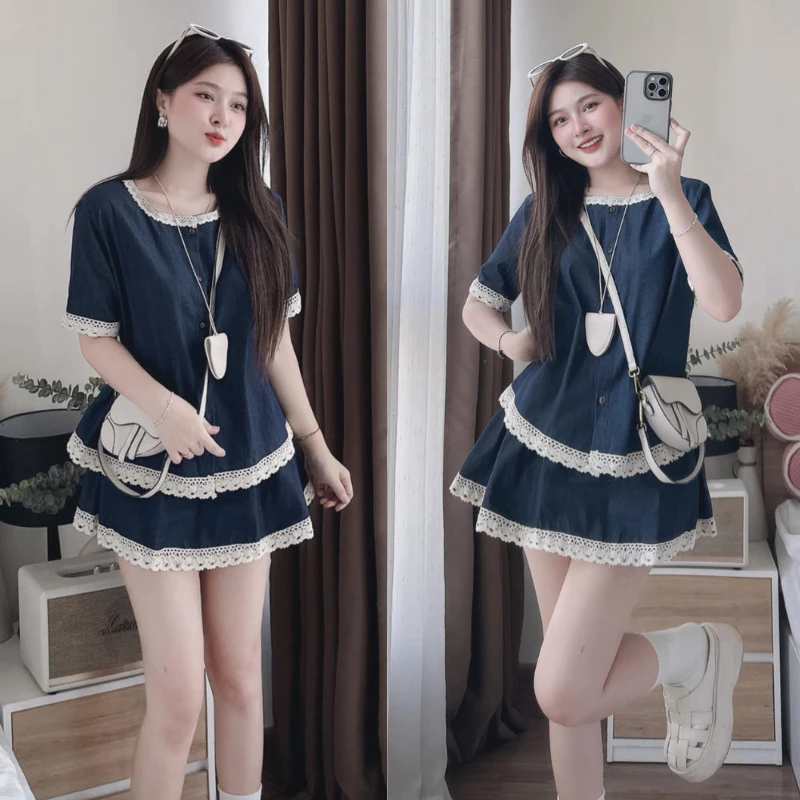 Set váy nữ áo denim viền ren – phối chân váy xòe tiểu thư siêu xinh