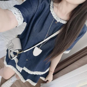 Set váy nữ áo denim viền ren – phối chân váy xòe tiểu thư siêu xinh - Hình ảnh 3