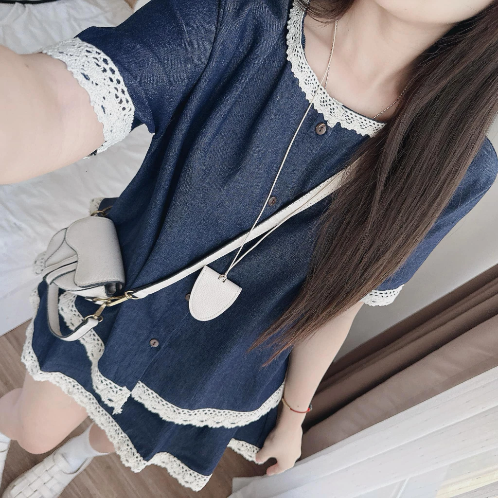 Set váy nữ áo denim viền ren – phối chân váy xòe tiểu thư siêu xinh - Ảnh 3