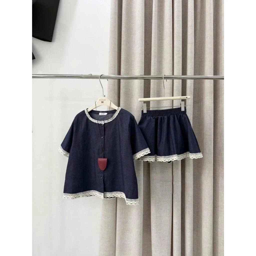 Set váy nữ áo denim viền ren – phối chân váy xòe tiểu thư siêu xinh - Ảnh 7