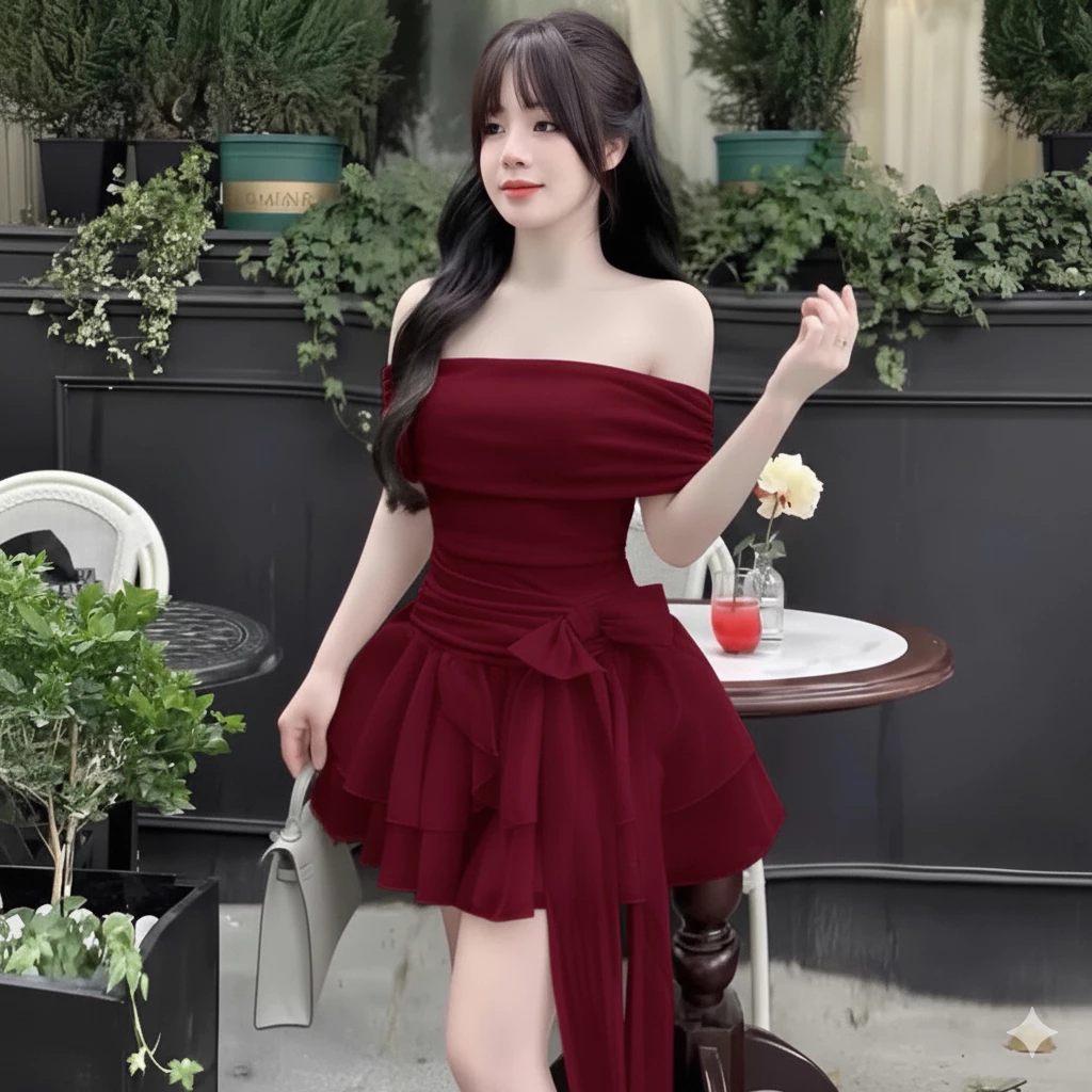 Váy trễ vai phối nơ tôn dáng – đầm nữ sang chảnh kèm quần bảo hộ - Ảnh 4