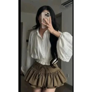 Set áo sơ mi croptop tay bồng – phối chân váy xoè tầng siêu xinh - Hình ảnh 7