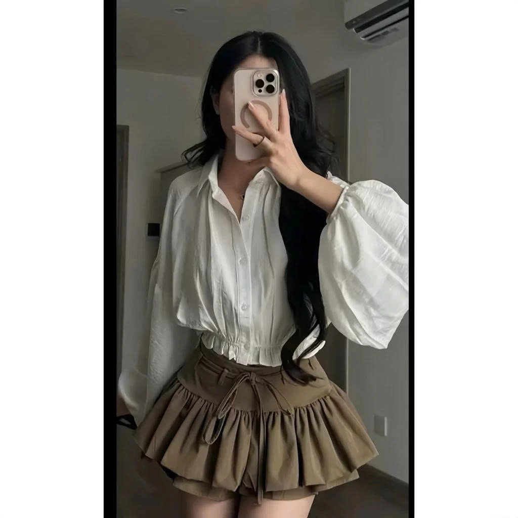 Set áo sơ mi croptop tay bồng – phối chân váy xoè tầng siêu xinh - Ảnh 7