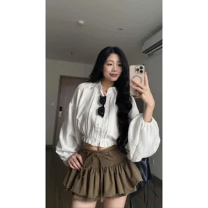 Set áo sơ mi croptop tay bồng – phối chân váy xoè tầng siêu xinh - Hình ảnh 6