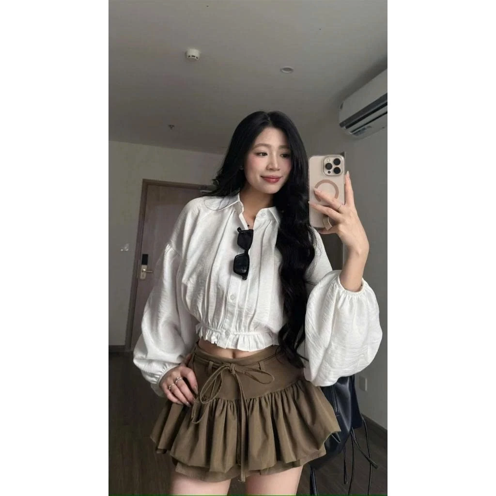 Set áo sơ mi croptop tay bồng – phối chân váy xoè tầng siêu xinh - Ảnh 6