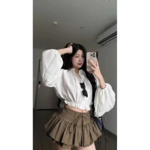 Set áo sơ mi croptop tay bồng – phối chân váy xoè tầng siêu xinh - Hình ảnh 4