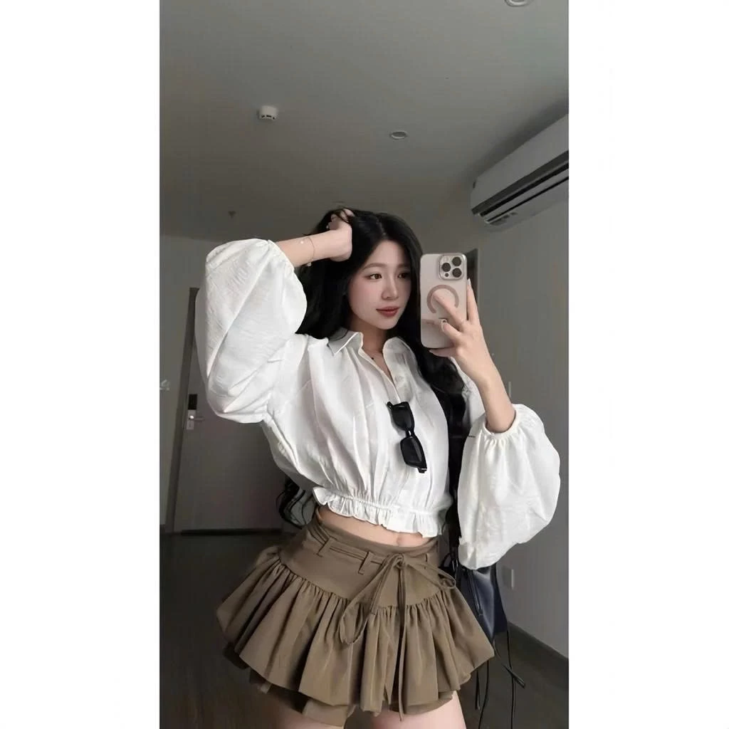 Set áo sơ mi croptop tay bồng – phối chân váy xoè tầng siêu xinh - Ảnh 4