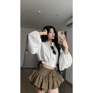 Set áo sơ mi croptop tay bồng – phối chân váy xoè tầng siêu xinh - Hình ảnh 3