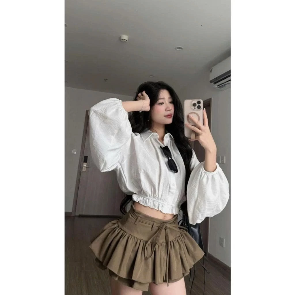 Set áo sơ mi croptop tay bồng – phối chân váy xoè tầng siêu xinh - Ảnh 3
