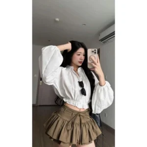 Set áo sơ mi croptop tay bồng – phối chân váy xoè tầng siêu xinh