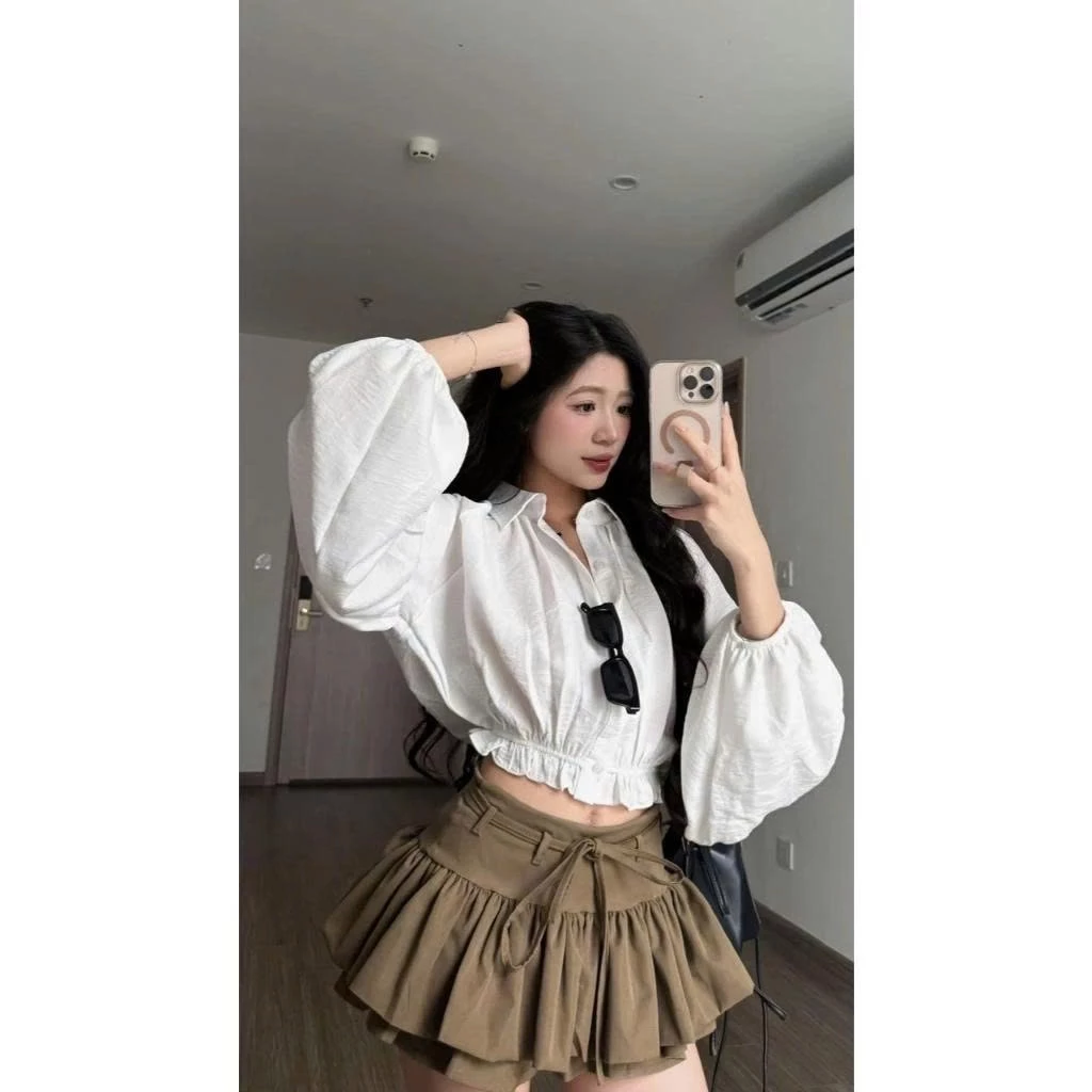 Set áo sơ mi croptop tay bồng – phối chân váy xoè tầng siêu xinh