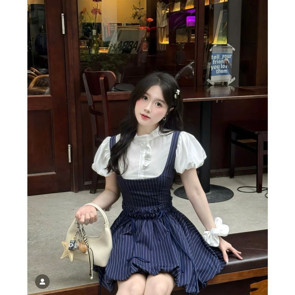 Váy tiểu thư kẻ xanh tay bồng dáng bí – tặng nơ tóc siêu xinh - Ảnh 8