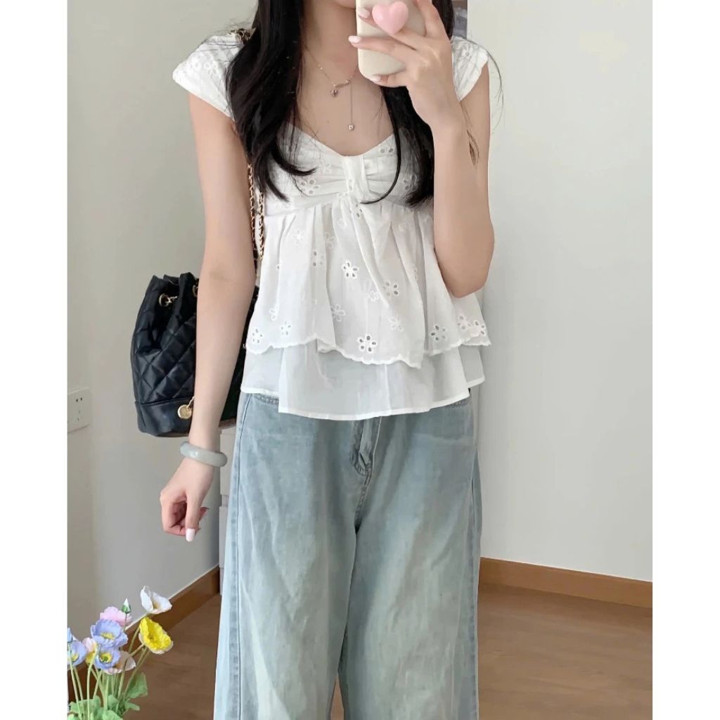 Áo babydoll bèo phối nơ bồng xòe nữ tính siêu xinh phong cách tiểu thư - Ảnh 2