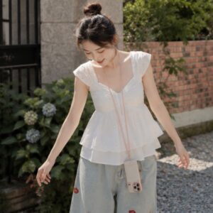 Áo babydoll bèo phối nơ bồng xòe nữ tính siêu xinh phong cách tiểu thư - Hình ảnh 3