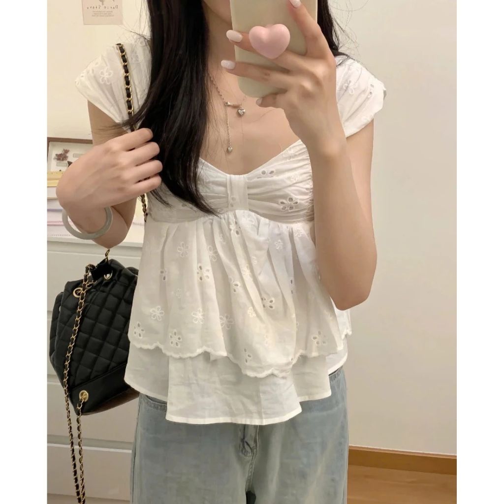 Áo babydoll bèo phối nơ bồng xòe nữ tính siêu xinh phong cách tiểu thư - Ảnh 3