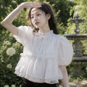 Áo babydoll croptop tay bồng cúc ngọc đính nơ – áo nữ tiểu thư siêu xinh - Hình ảnh 2