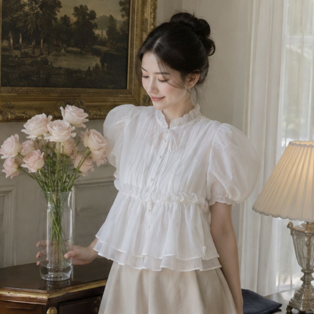 Áo babydoll croptop tay bồng cúc ngọc đính nơ – áo nữ tiểu thư siêu xinh
