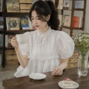 Áo babydoll croptop tay bồng cúc ngọc đính nơ – áo nữ tiểu thư siêu xinh - Hình ảnh 4