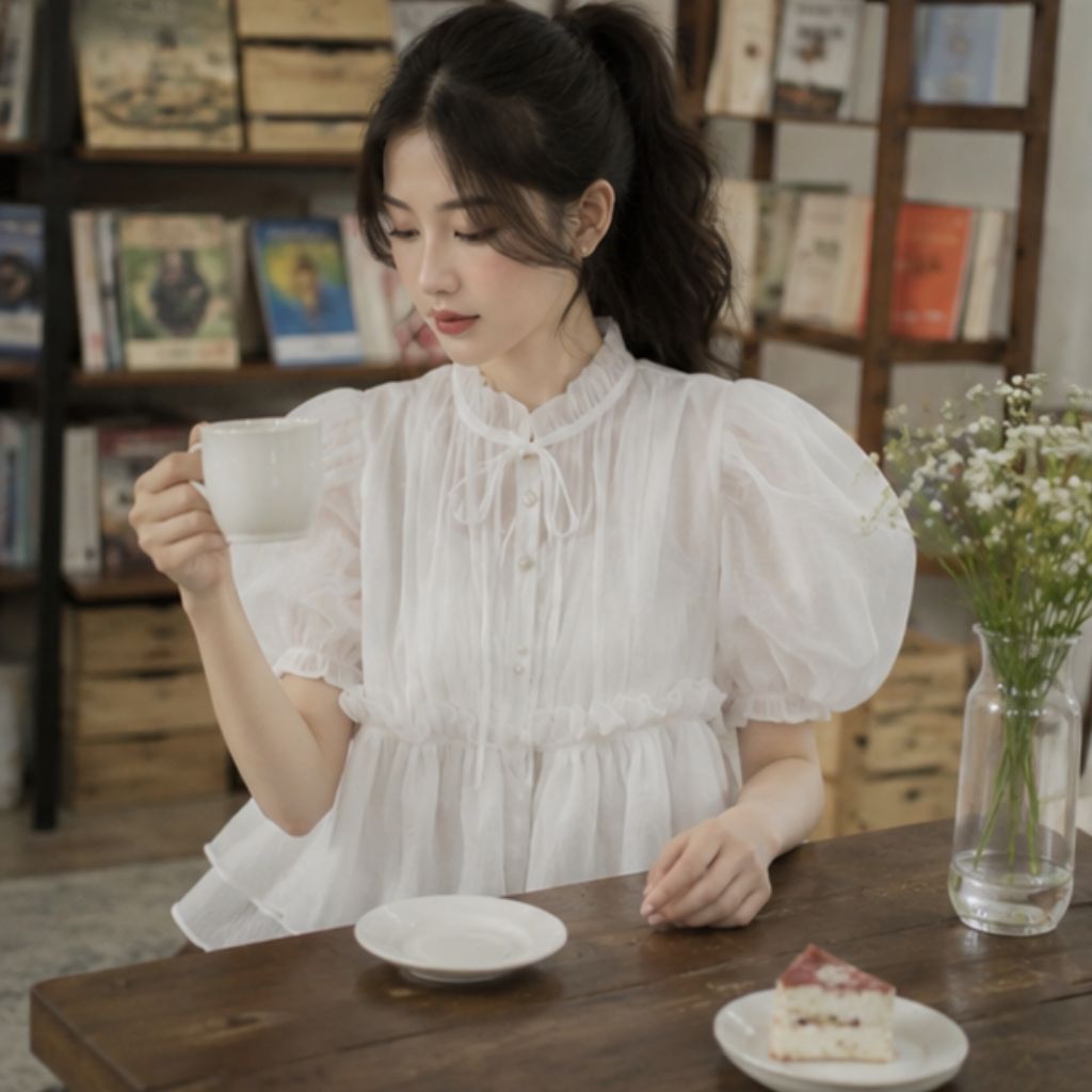 Áo babydoll croptop tay bồng cúc ngọc đính nơ – áo nữ tiểu thư siêu xinh