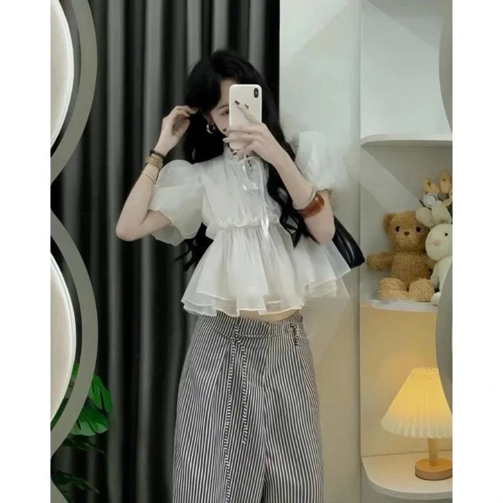 Áo babydoll croptop tay bồng cúc ngọc đính nơ – áo nữ tiểu thư siêu xinh - Ảnh 3
