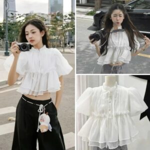 Áo babydoll croptop tay bồng cúc ngọc đính nơ – áo nữ tiểu thư siêu xinh