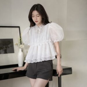 Áo babydoll croptop tay bồng cúc ngọc đính nơ – áo nữ tiểu thư siêu xinh