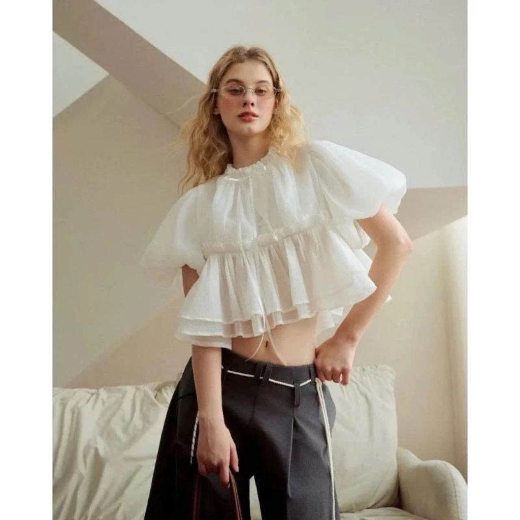 Áo babydoll croptop tay bồng cúc ngọc đính nơ – áo nữ tiểu thư siêu xinh - Ảnh 6