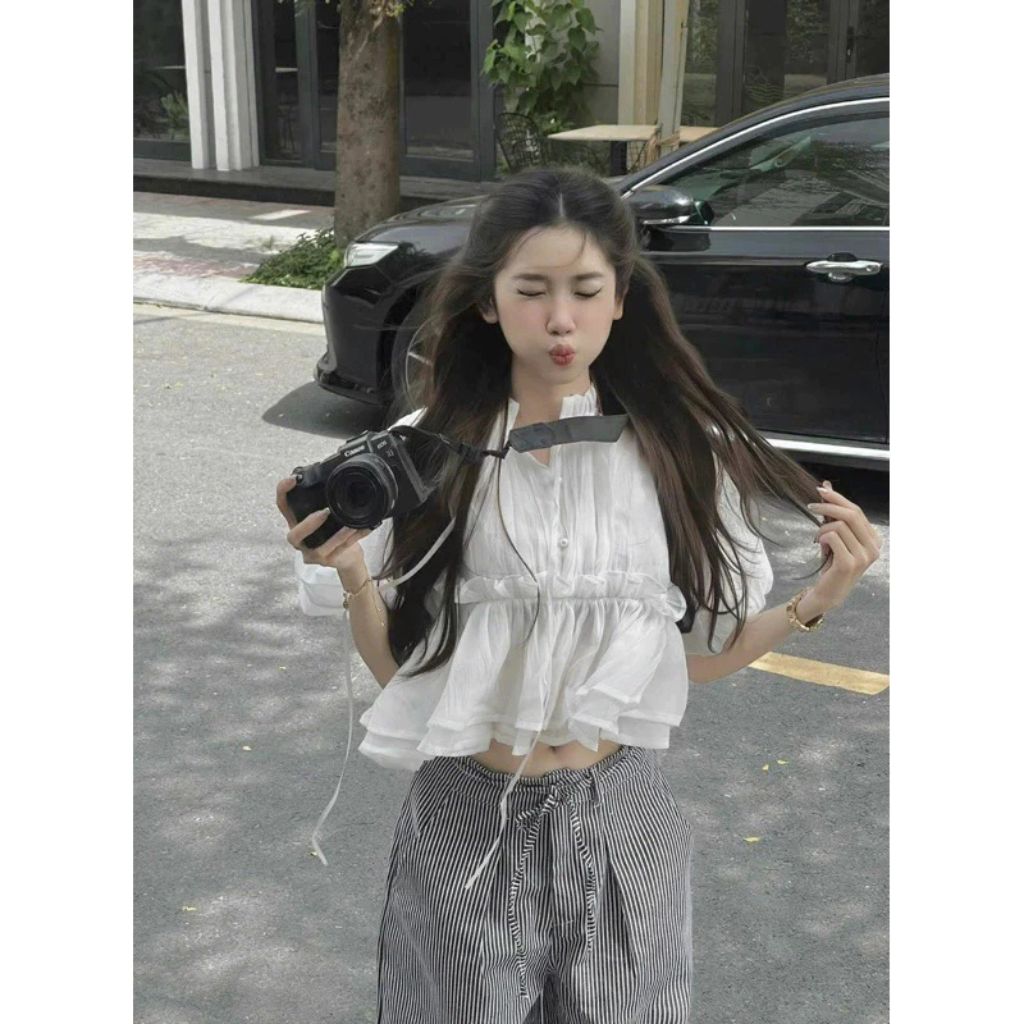 Áo babydoll croptop tay bồng cúc ngọc đính nơ – áo nữ tiểu thư siêu xinh - Ảnh 7
