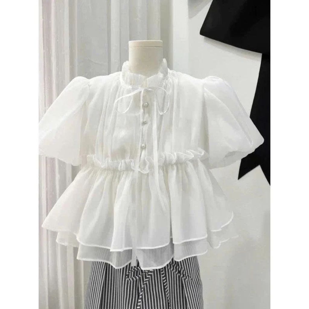 Áo babydoll croptop tay bồng cúc ngọc đính nơ – áo nữ tiểu thư siêu xinh - Ảnh 8