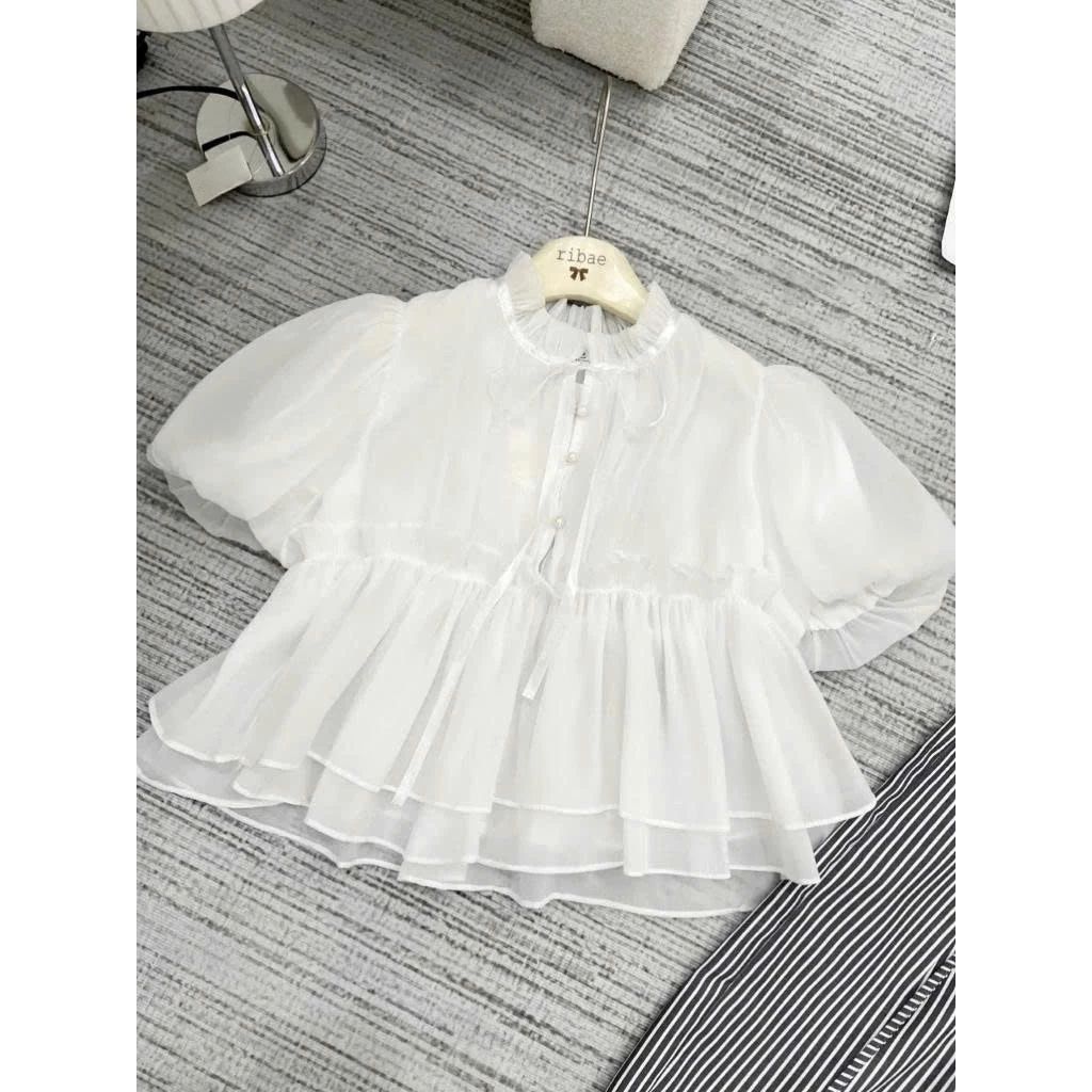 Áo babydoll croptop tay bồng cúc ngọc đính nơ – áo nữ tiểu thư siêu xinh - Ảnh 9