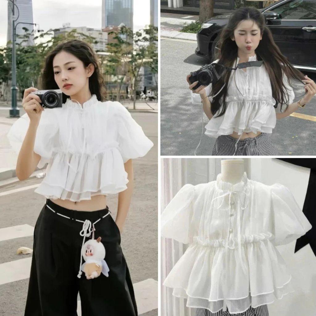 Áo babydoll croptop tay bồng cúc ngọc đính nơ – áo nữ tiểu thư siêu xinh