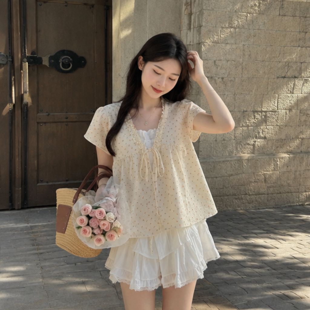Áo babydoll hoa nhí viền bèo phối ren nơ ngực tay phồng tiểu thư siêu xinh