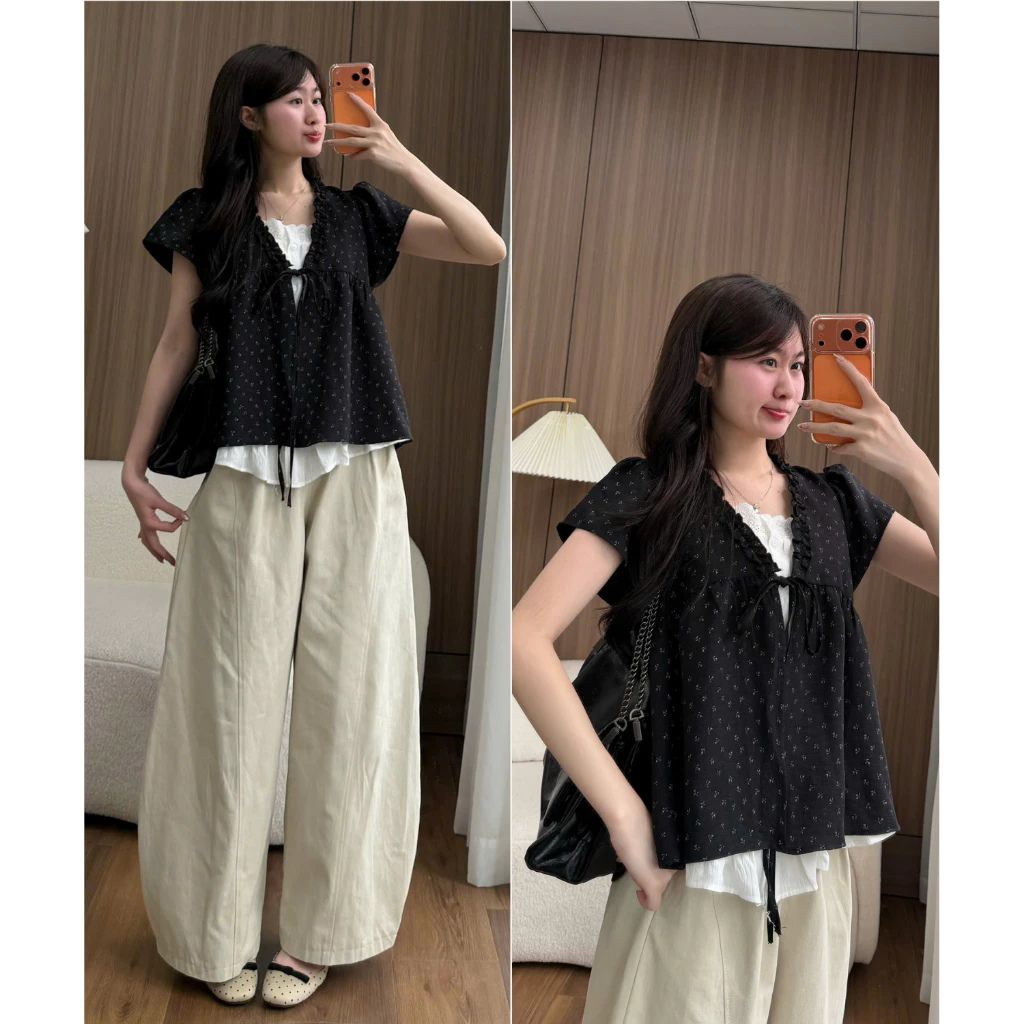 Áo babydoll hoa nhí viền bèo phối ren nơ ngực tay phồng tiểu thư siêu xinh - Ảnh 2