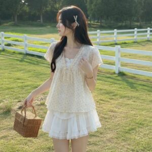 Áo babydoll hoa nhí viền bèo phối ren nơ ngực tay phồng tiểu thư siêu xinh - Hình ảnh 4