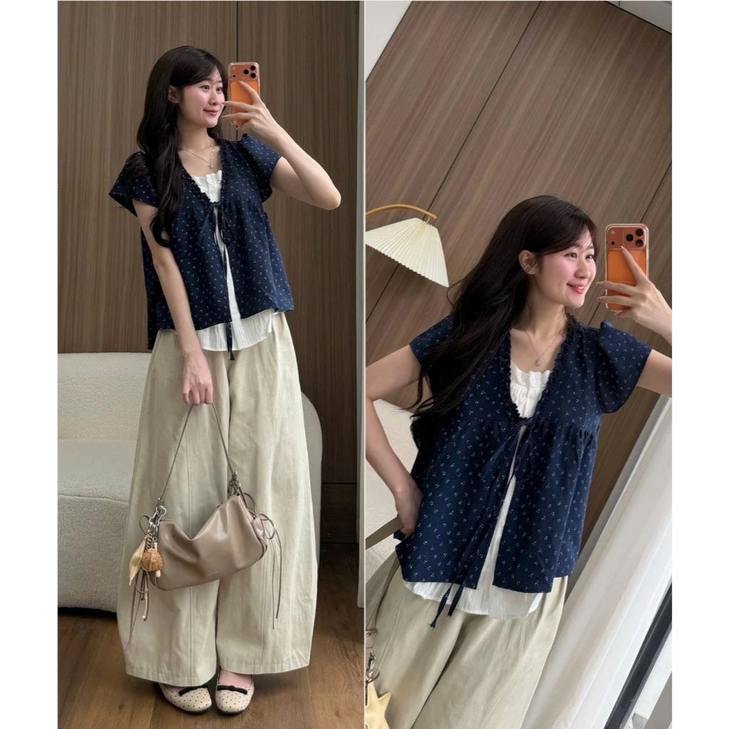 Áo babydoll hoa nhí viền bèo phối ren nơ ngực tay phồng tiểu thư siêu xinh - Ảnh 3