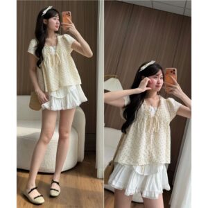 Áo babydoll hoa nhí viền bèo phối ren nơ ngực tay phồng tiểu thư siêu xinh