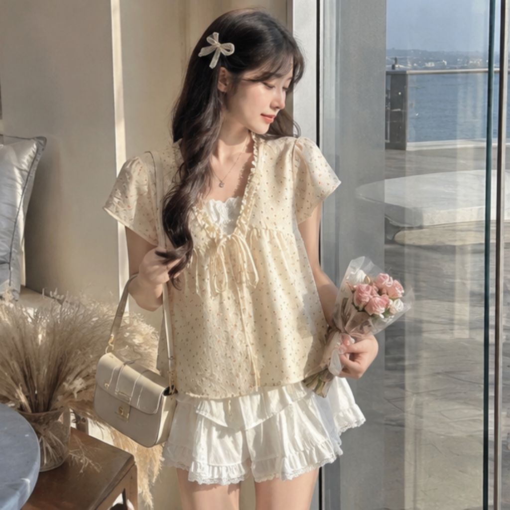 Áo babydoll hoa nhí viền bèo phối ren nơ ngực tay phồng tiểu thư siêu xinh
